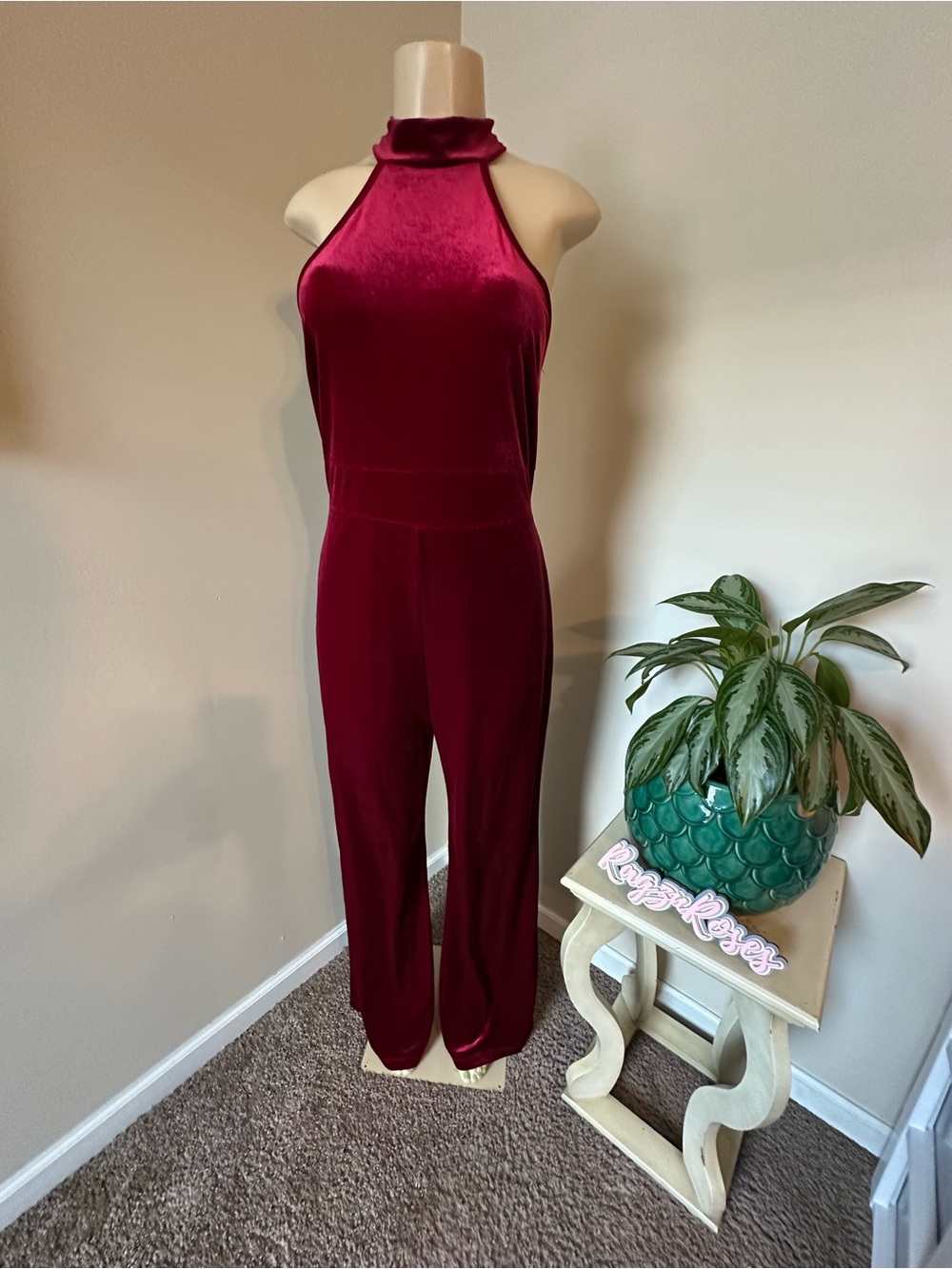 FashionNova Velvet High-Neck Halter Jumpsuit - Burgundy